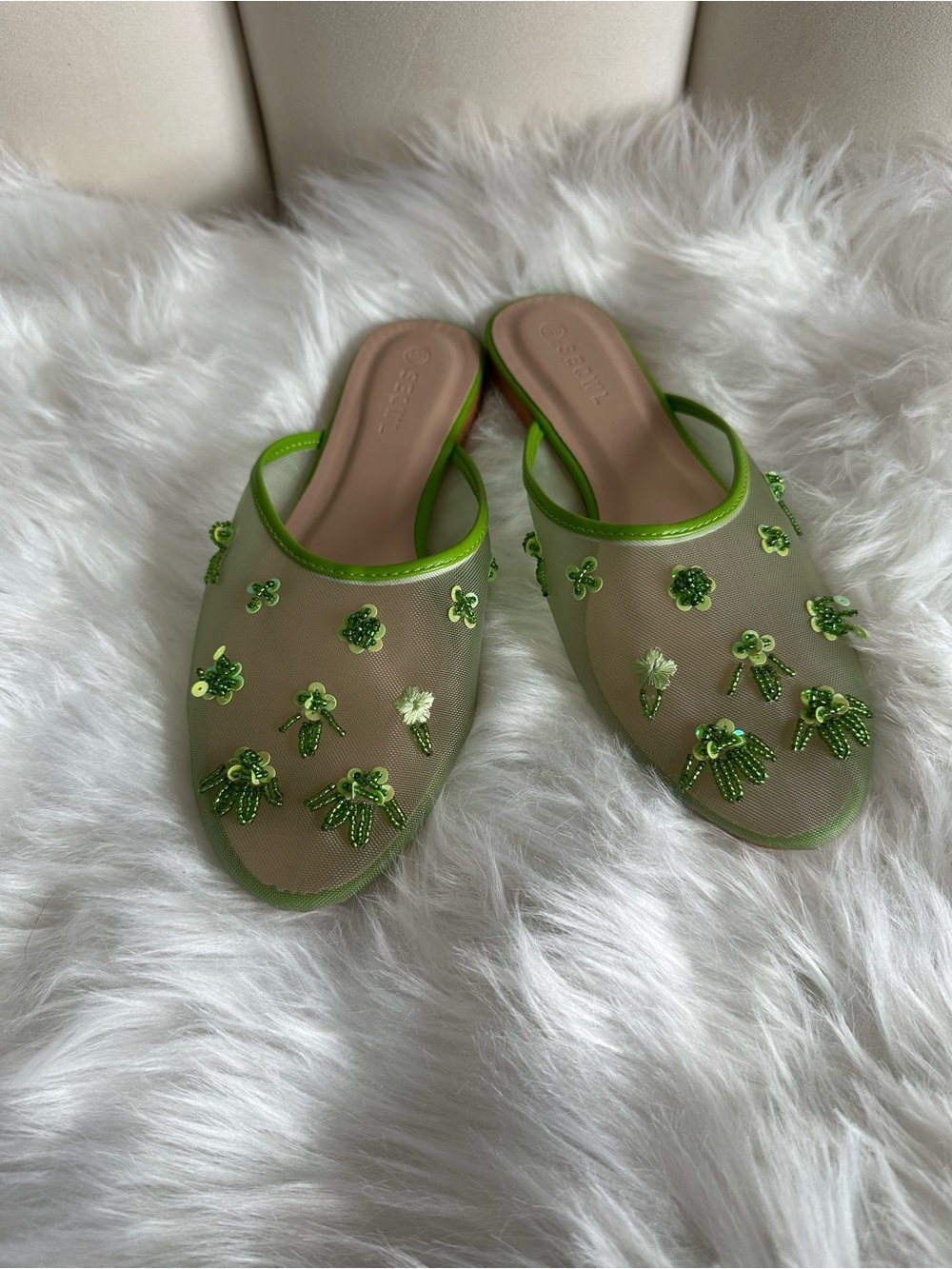 ASOS Green Embellished Mesh Slip-On Mules